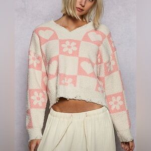 POL Pink and Cream Checkered Heart Sweater